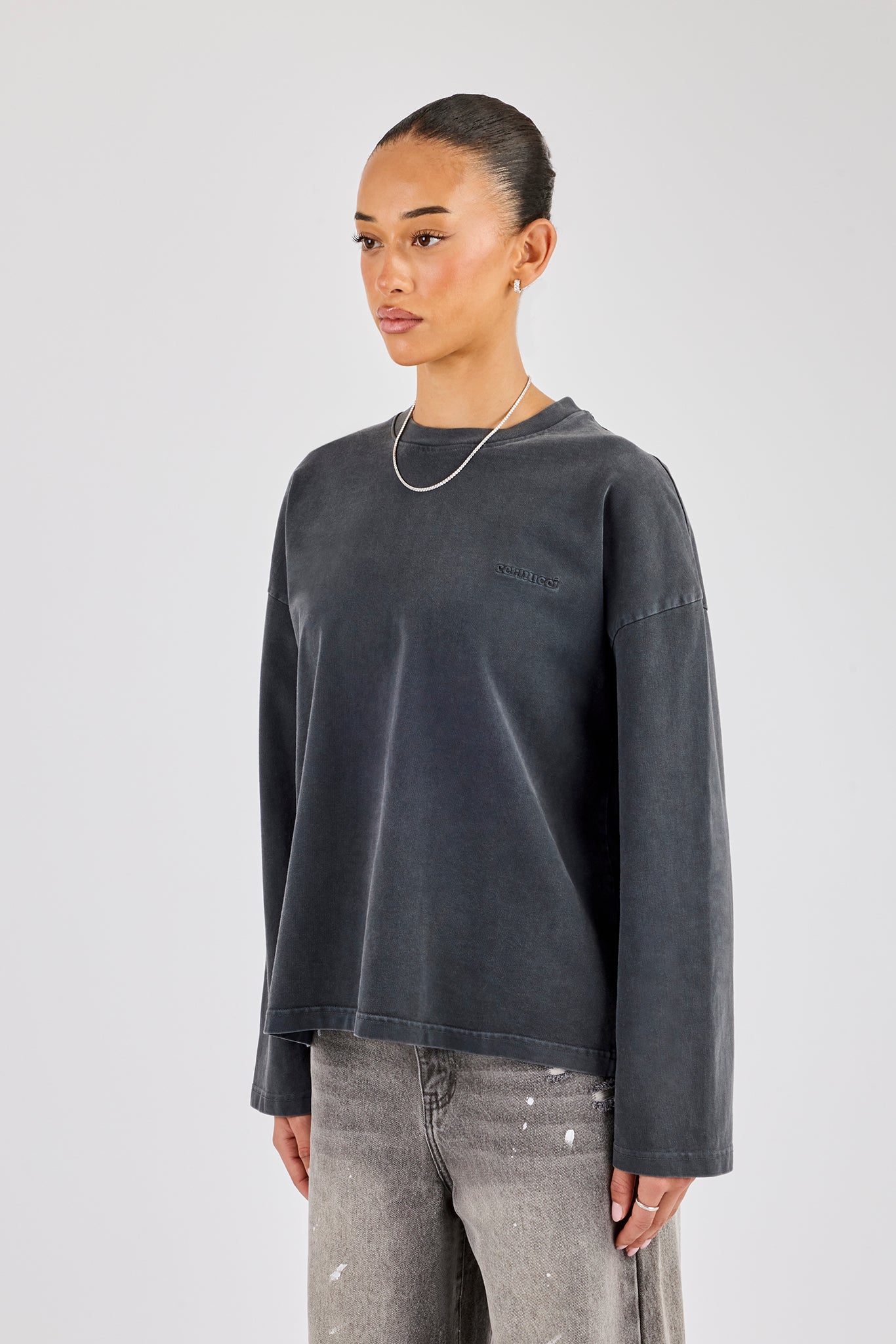 Damen-Langarmshirt, gewaschen – Anthrazit